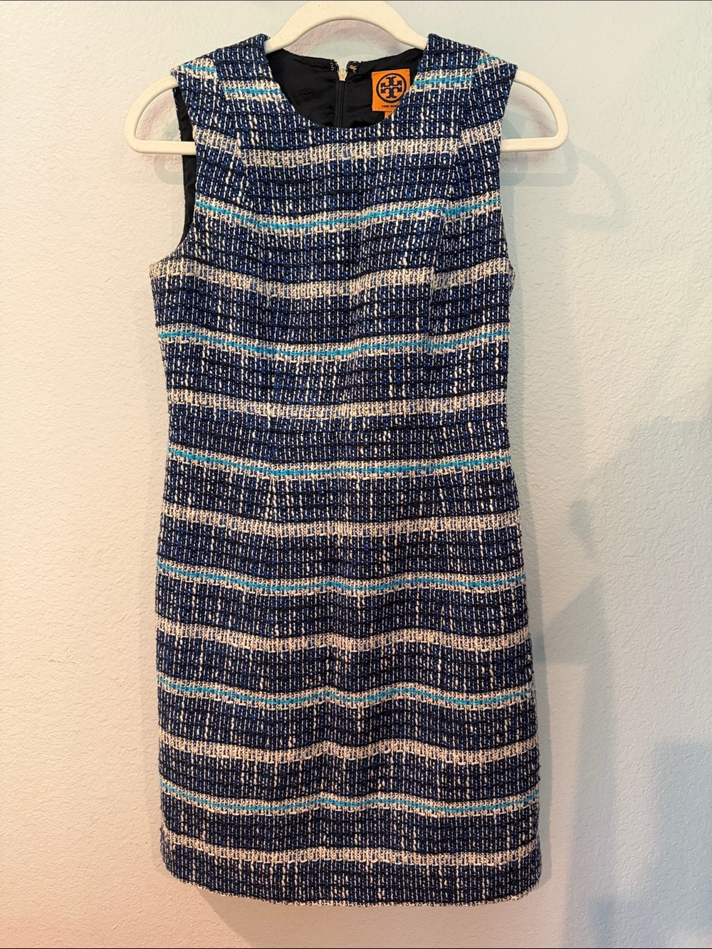 Tory Burch Striped Tweed Sheath Dress in Navy, Cream & Aqua